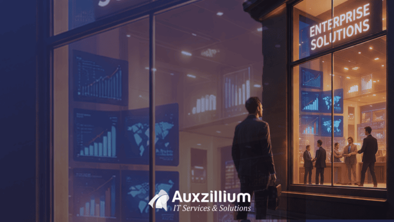 business man looking at enterprise solutions from the outside