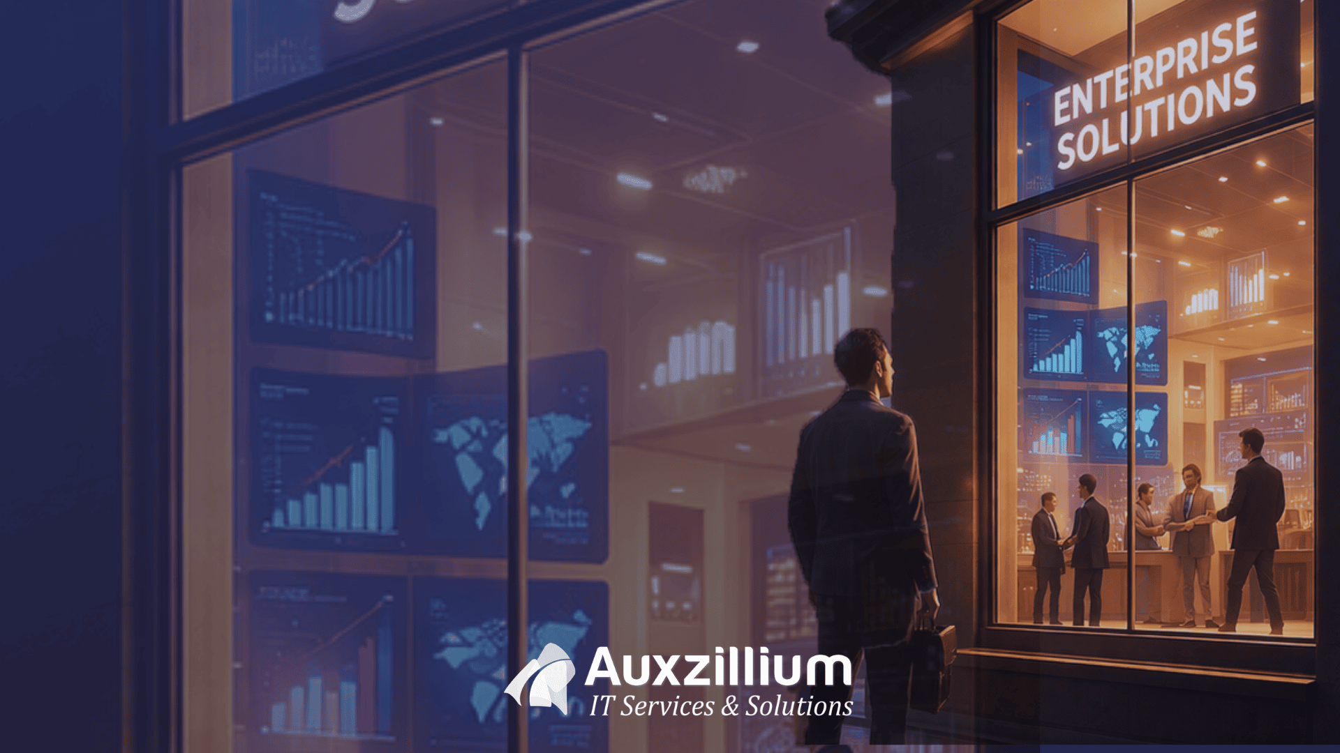 business man looking at enterprise solutions from the outside