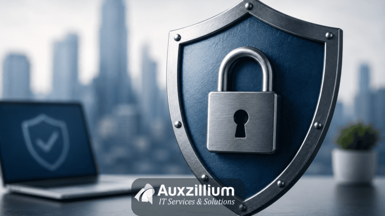 shield with a lock and computer in the background