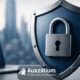 shield with a lock and computer in the background