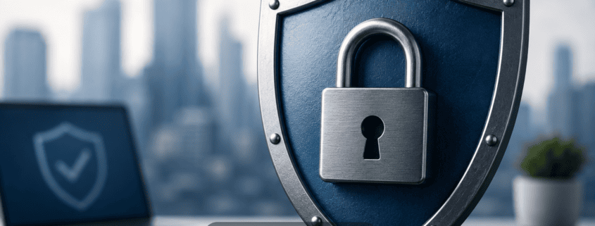 shield with a lock and computer in the background